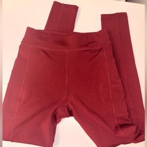 High-Waisted Burgundy Athletic Leggings — Side Pockets — Approx. Size S